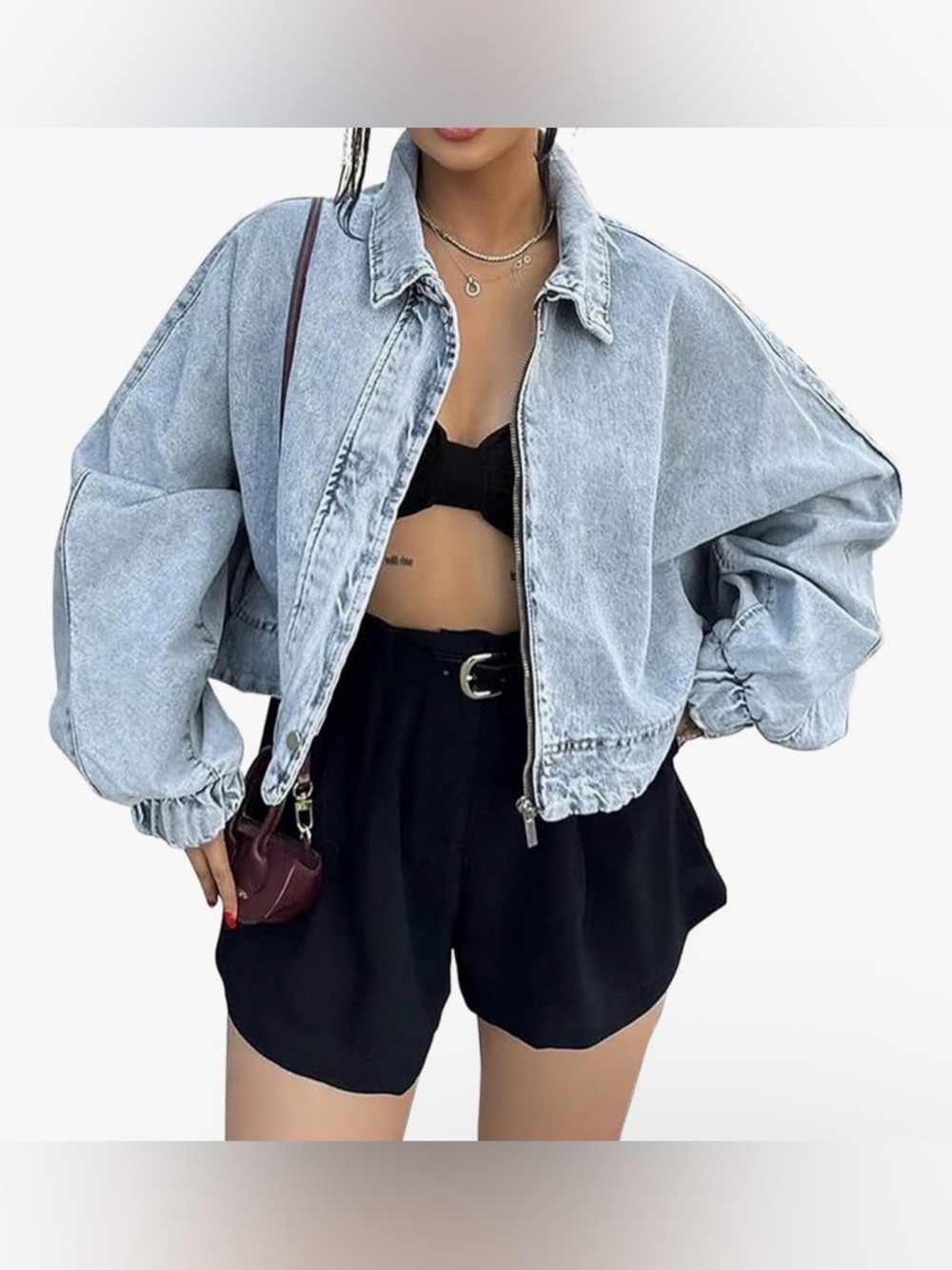 Womens OSCropped Denim Light Wash Blue Bomber Shacket- 2colors & size S-3x